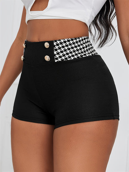 High-Waist Hot Pants with Houndstooth Band and Buttons