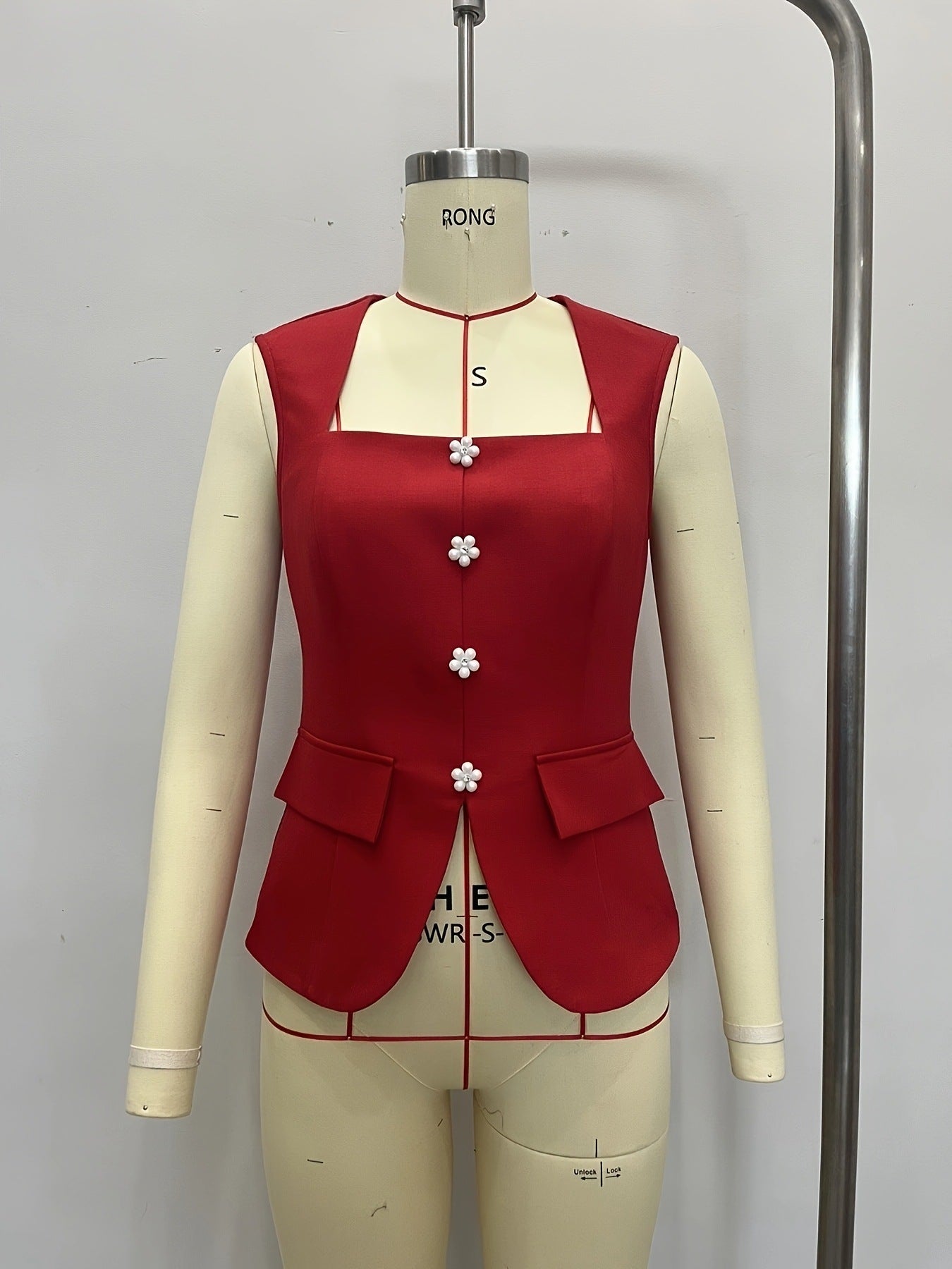 Peplum Vest with Square Neck and Decorative Buttons