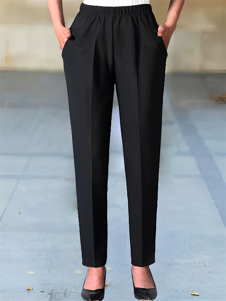 High-Waist Slim-Leg Trousers with Elastic Waistband and Buttons
