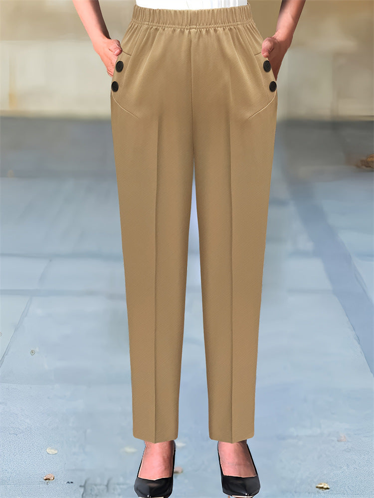 High-Waist Slim-Leg Trousers with Elastic Waistband and Buttons