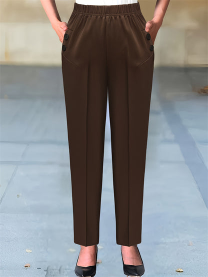 High-Waist Slim-Leg Trousers with Elastic Waistband and Buttons