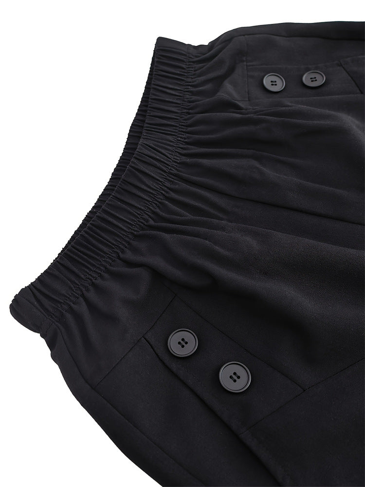 High-Waist Slim-Leg Trousers with Elastic Waistband and Buttons