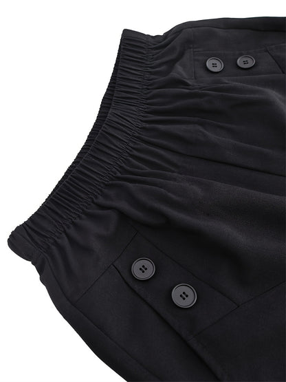 High-Waist Slim-Leg Trousers with Elastic Waistband and Buttons