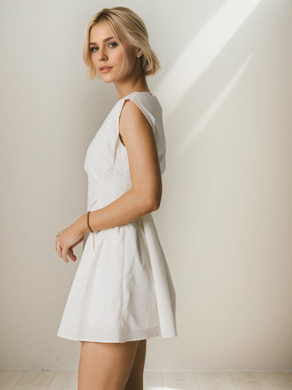 A-Line Mini Dress with Boat Neck and Ruched Waist