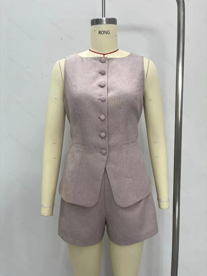 Solid Sleeveless Vest & Shorts Set with Button Front and Tie-Back