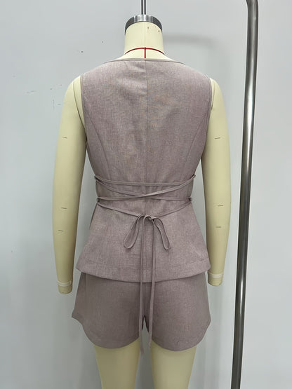 Solid Sleeveless Vest & Shorts Set with Button Front and Tie-Back