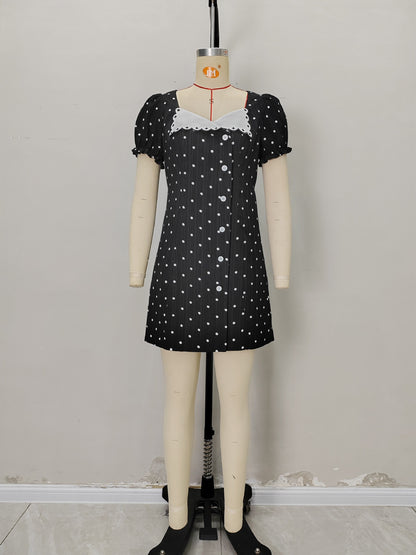 Polka Dot A-Line Dress with Contrast Collar and Puff Sleeves