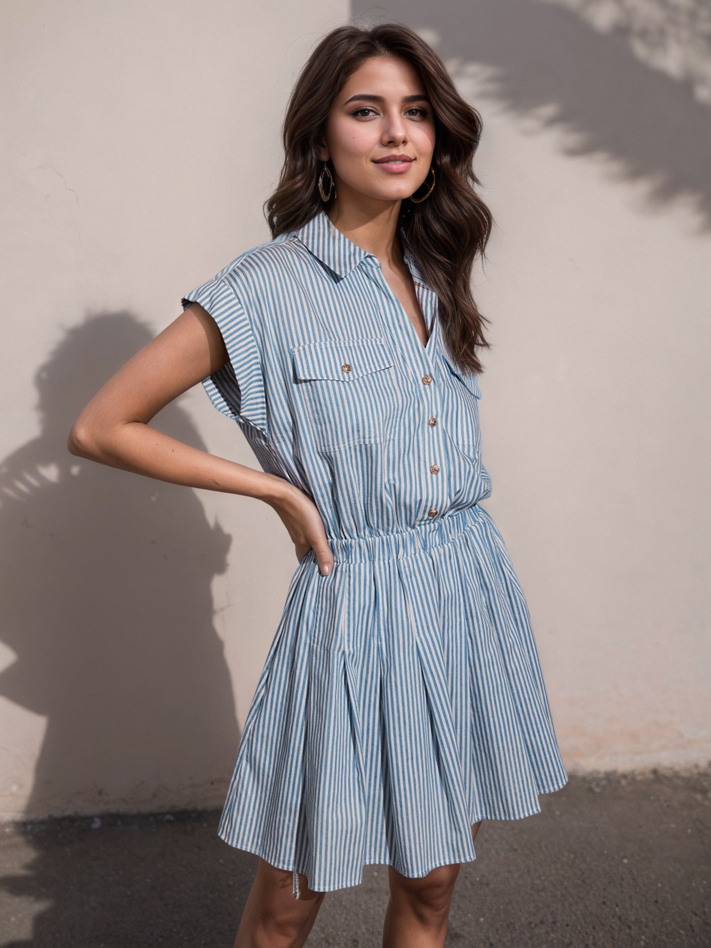 Striped Shirtdress with Elastic Waist and Pleated Skirt