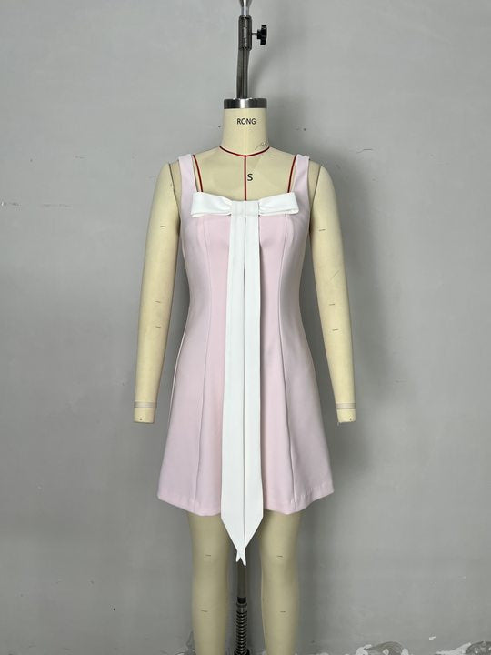 A-Line Mini Dress with Square Neck and Contrast Bow