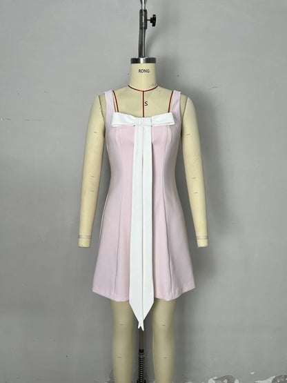 A-Line Mini Dress with Square Neck and Contrast Bow
