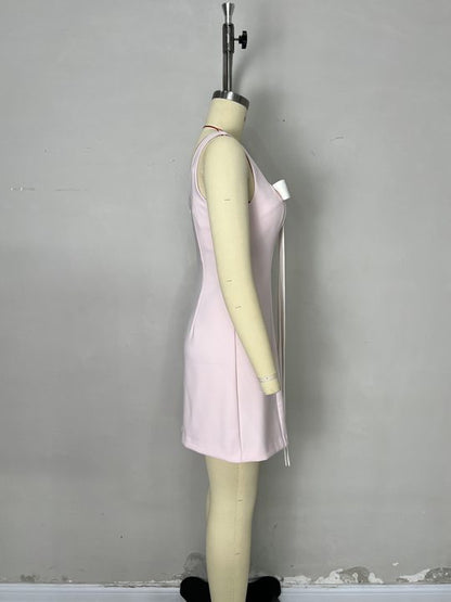 A-Line Mini Dress with Square Neck and Contrast Bow