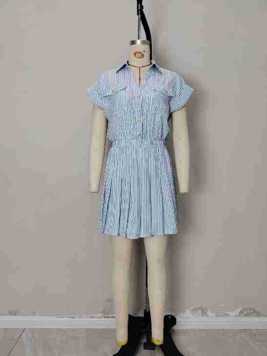 Striped Shirtdress with Elastic Waist and Pleated Skirt