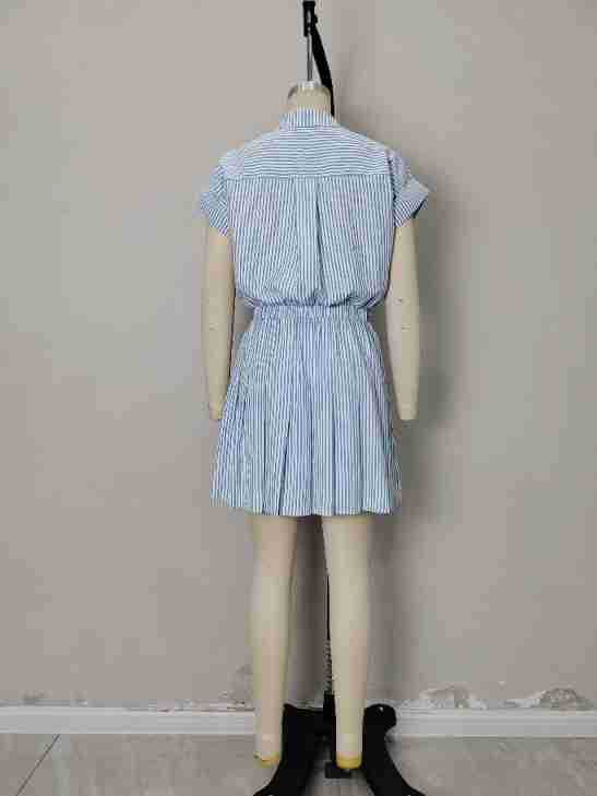 Striped Shirtdress with Elastic Waist and Pleated Skirt