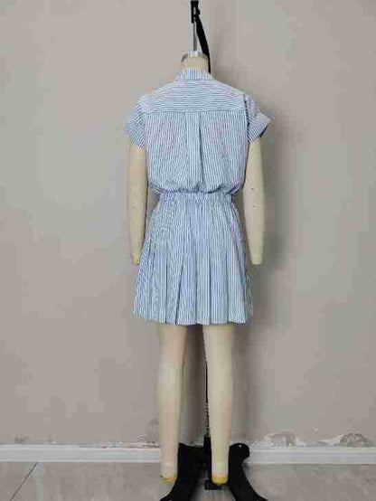 Striped Shirtdress with Elastic Waist and Pleated Skirt