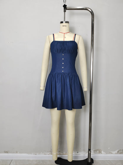 Denim Mini Dress with Shirred Bust and Button Front