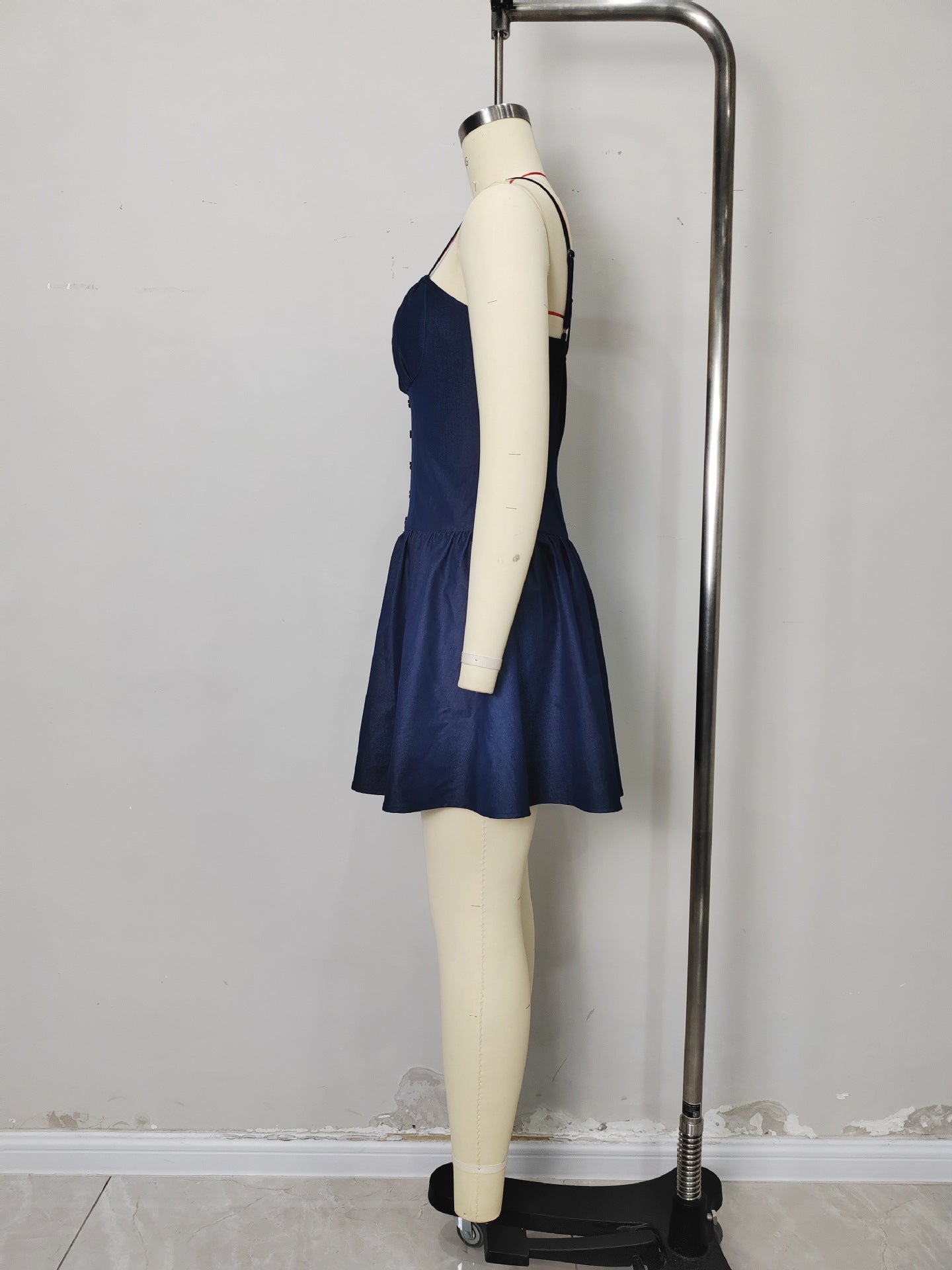 Denim Mini Dress with Shirred Bust and Button Front