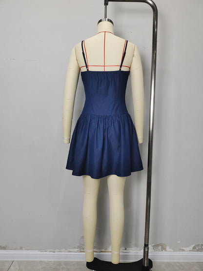 Denim Mini Dress with Shirred Bust and Button Front