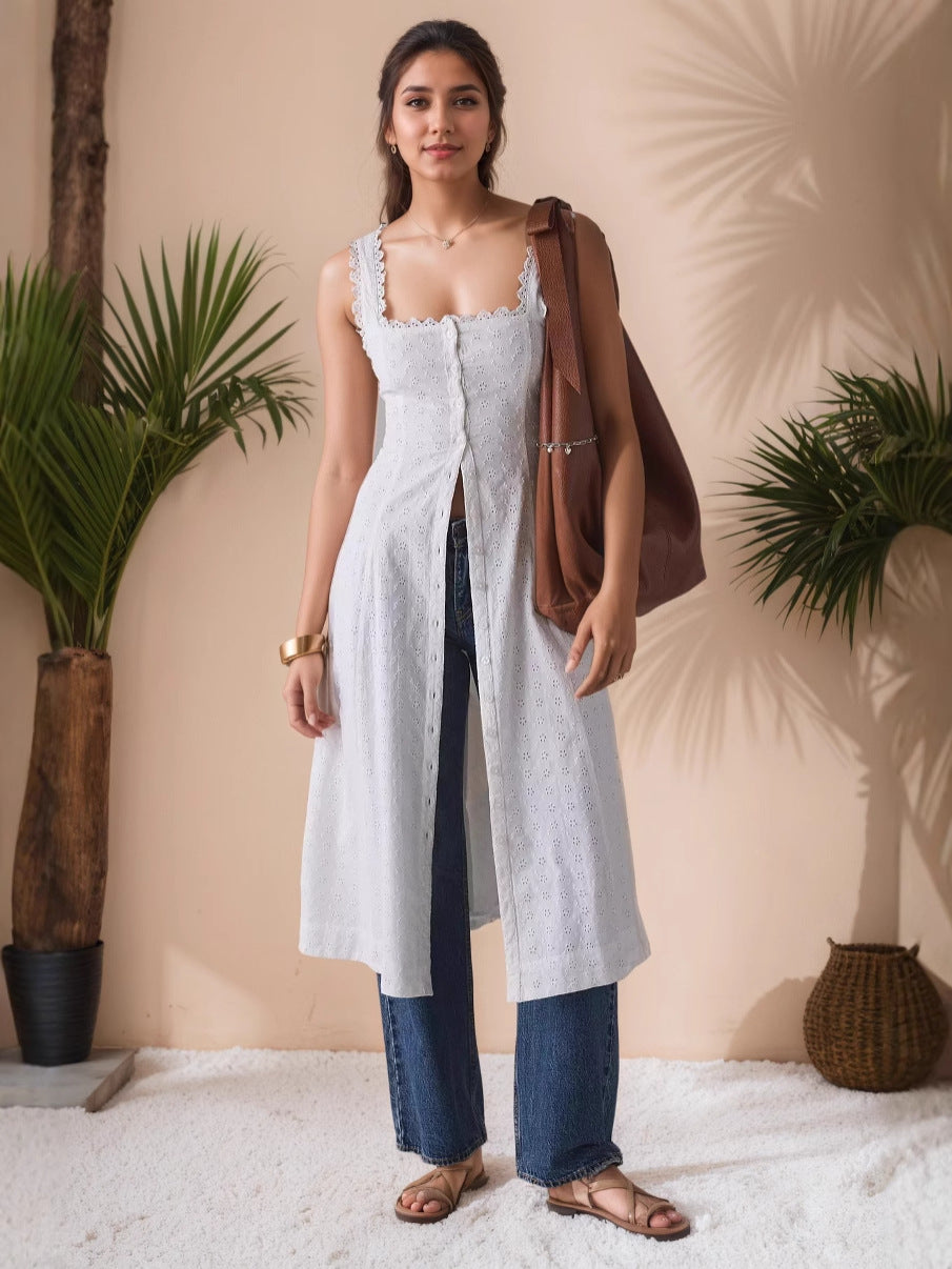 A-Line Eyelet Midi Dress with Square Neck