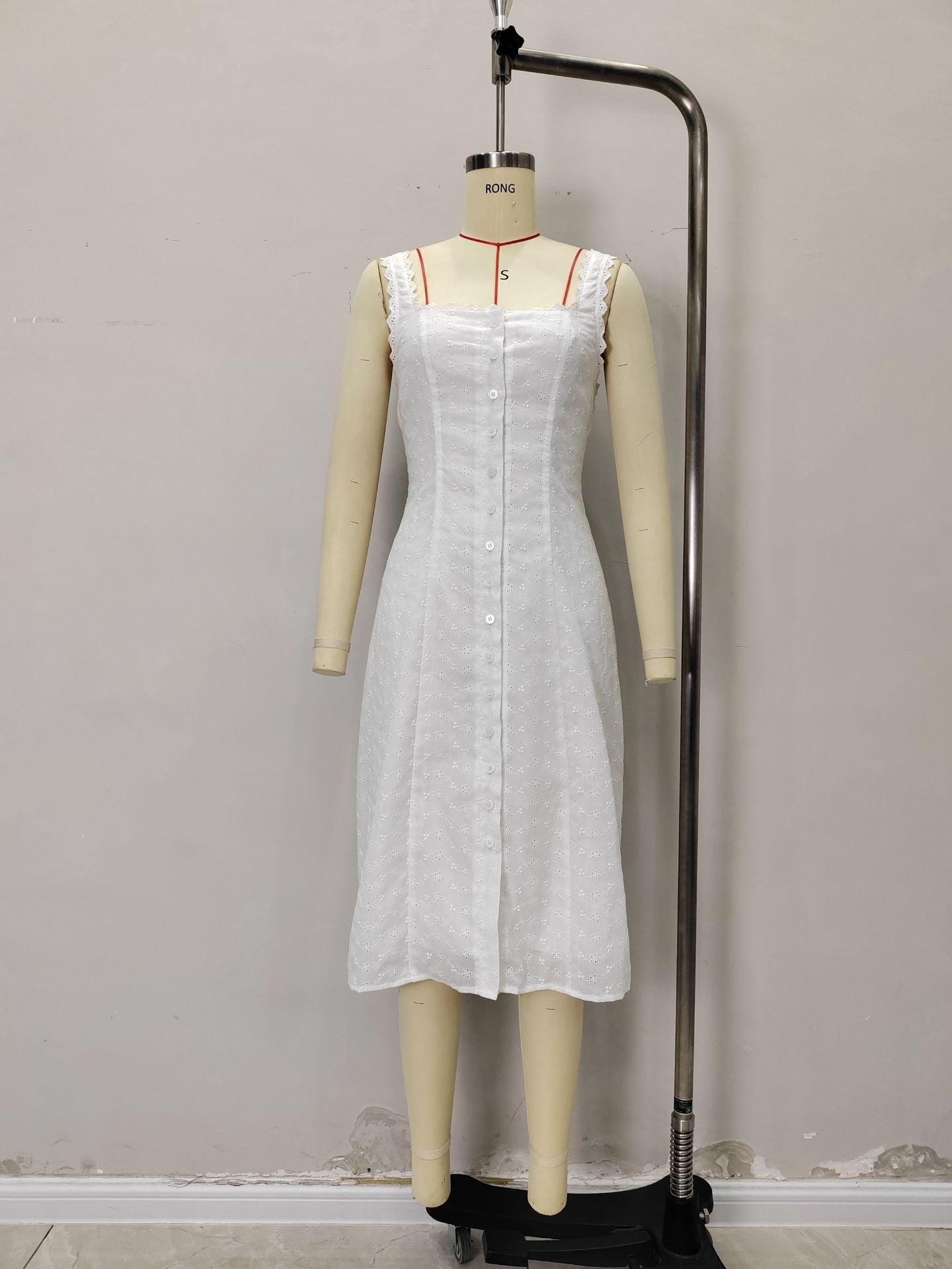 A-Line Eyelet Midi Dress with Square Neck