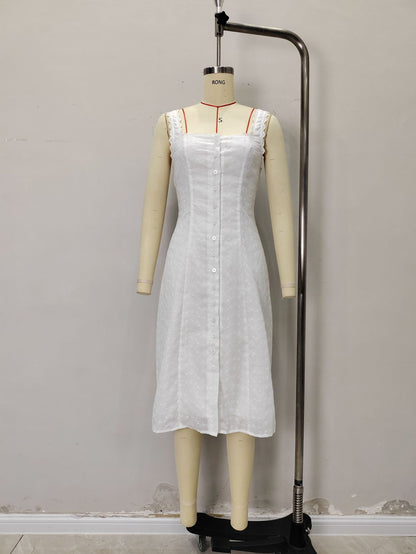 A-Line Eyelet Midi Dress with Square Neck