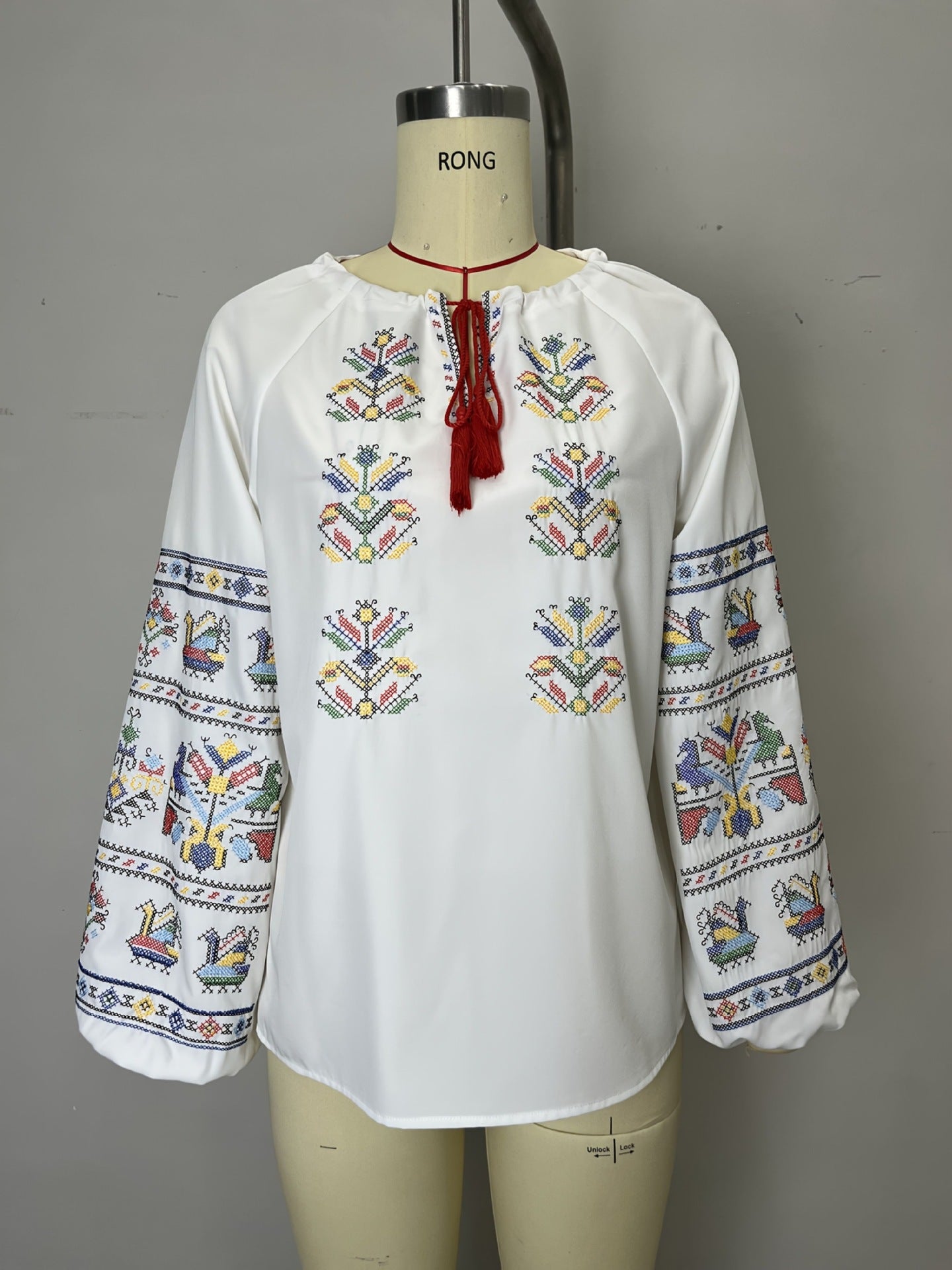 Ethnic Embroidered Long Sleeve Blouse with Tassel Tie