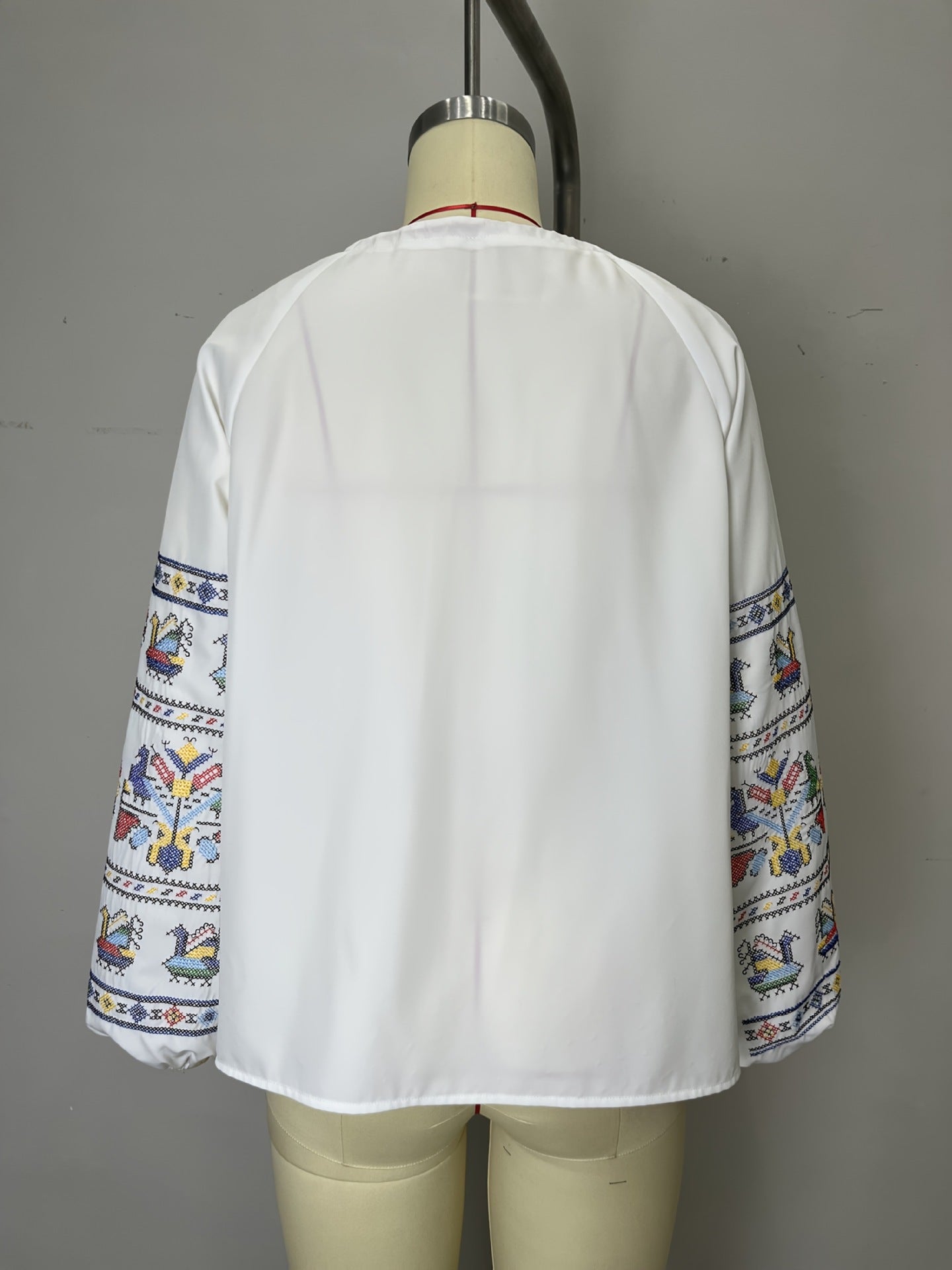 Ethnic Embroidered Long Sleeve Blouse with Tassel Tie