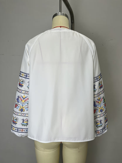 Ethnic Embroidered Long Sleeve Blouse with Tassel Tie