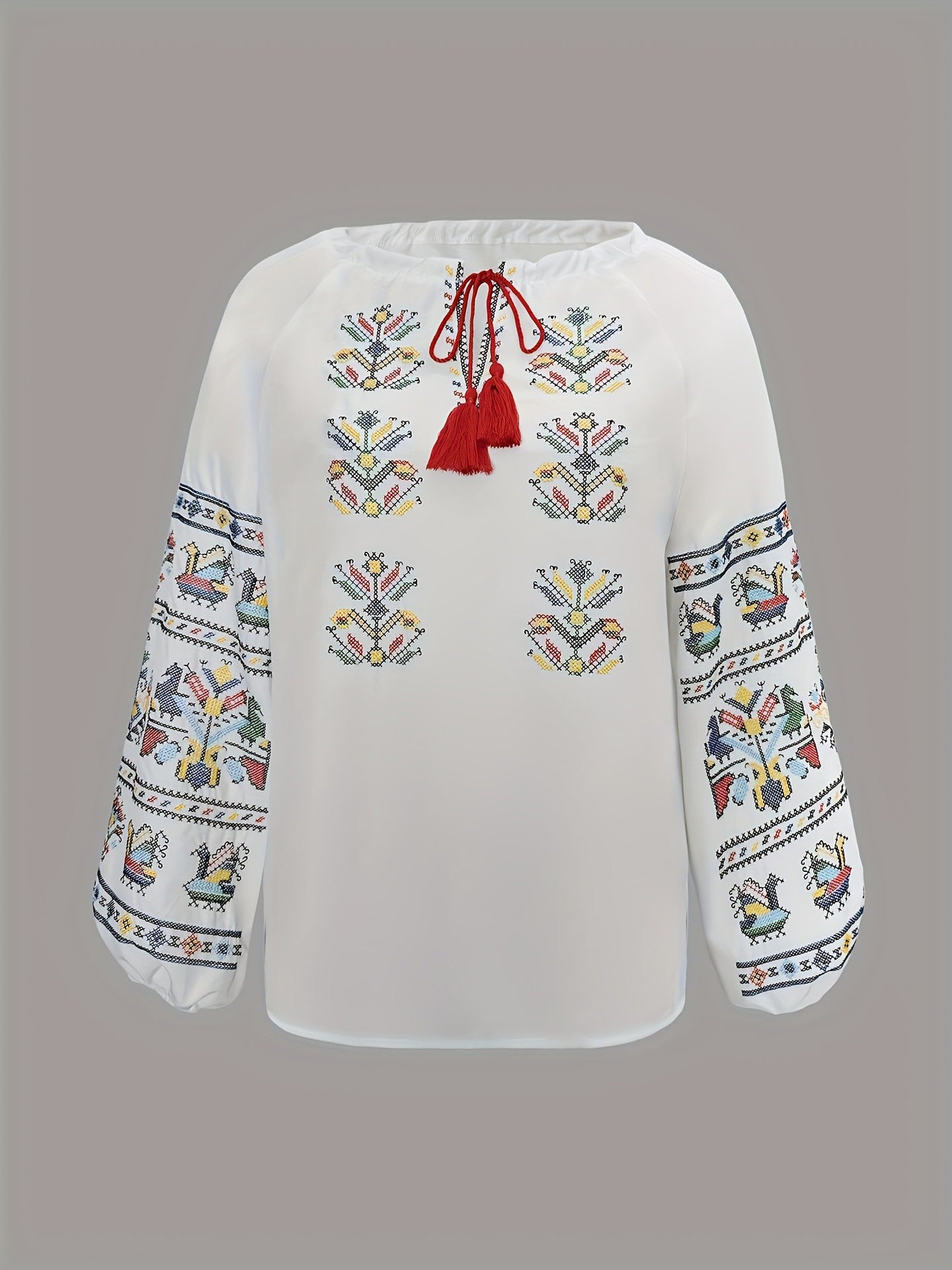Ethnic Embroidered Long Sleeve Blouse with Tassel Tie