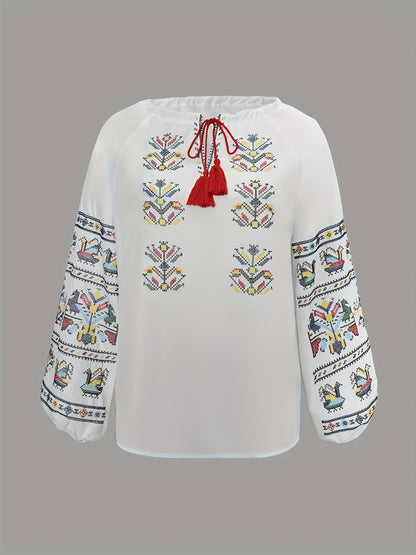 Ethnic Embroidered Long Sleeve Blouse with Tassel Tie