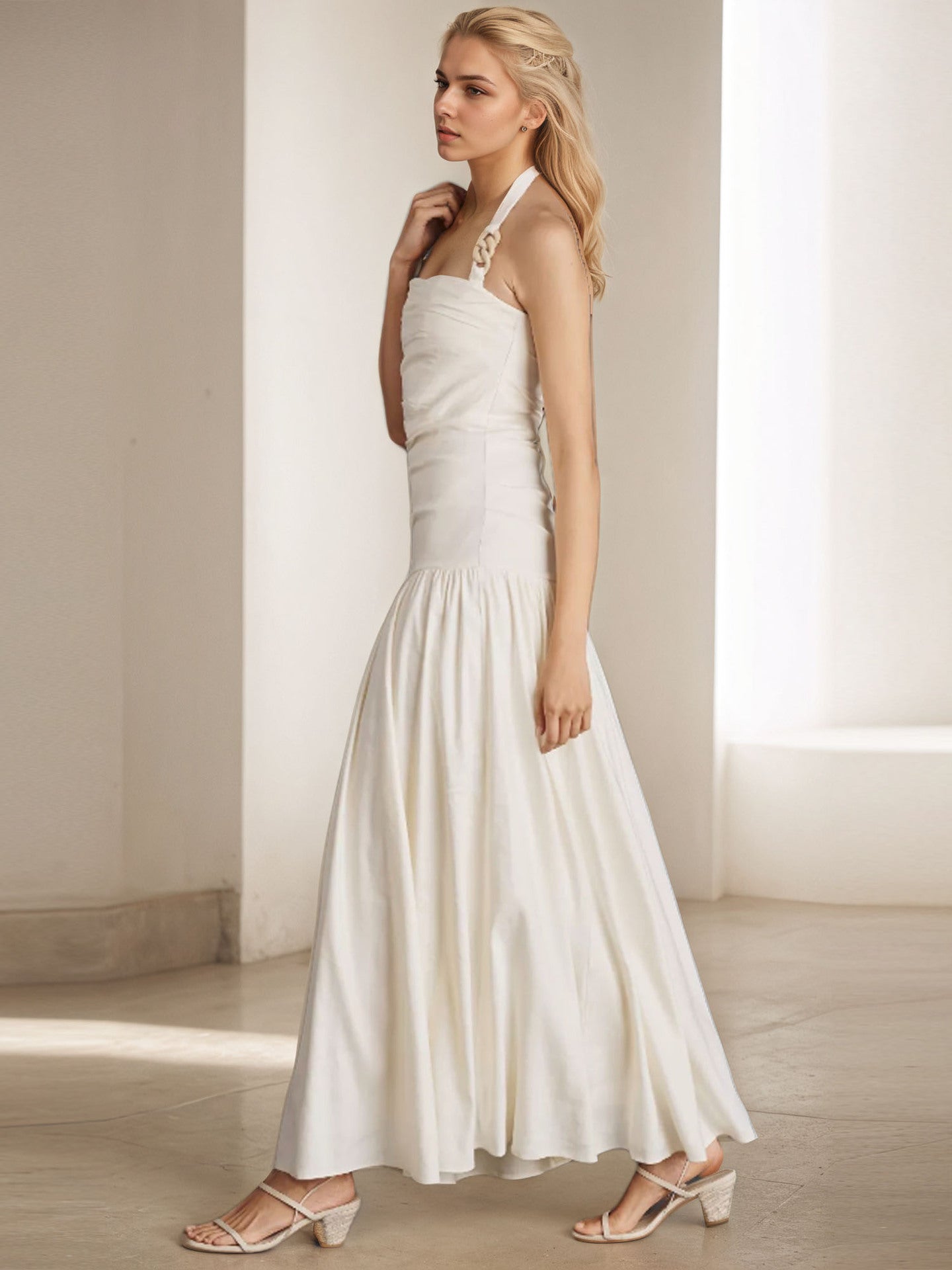 Solid A-Line Maxi Dress with Halterneck and Backless Design