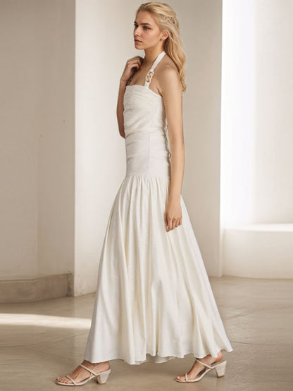 Solid A-Line Maxi Dress with Halterneck and Backless Design