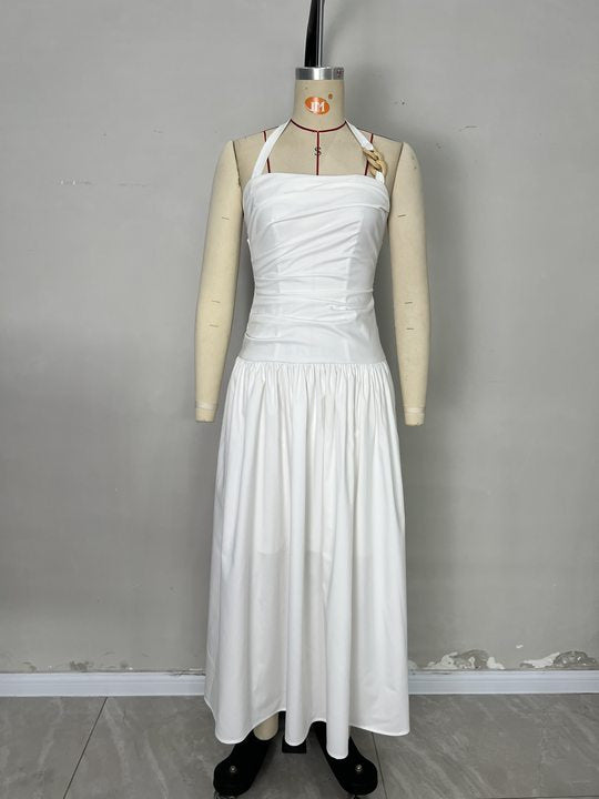 Solid A-Line Maxi Dress with Halterneck and Backless Design