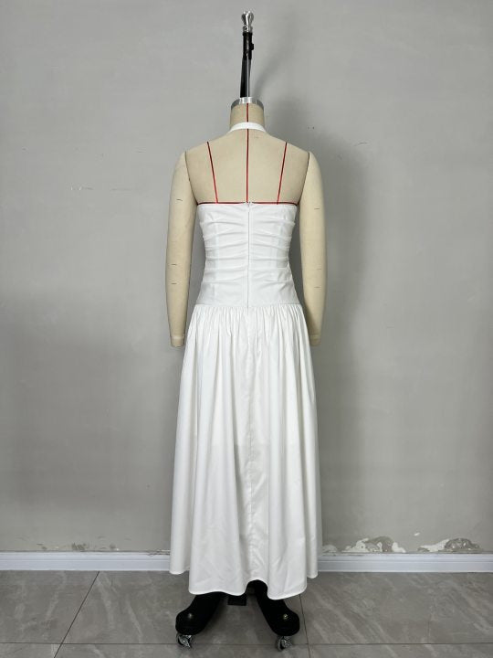 Solid A-Line Maxi Dress with Halterneck and Backless Design