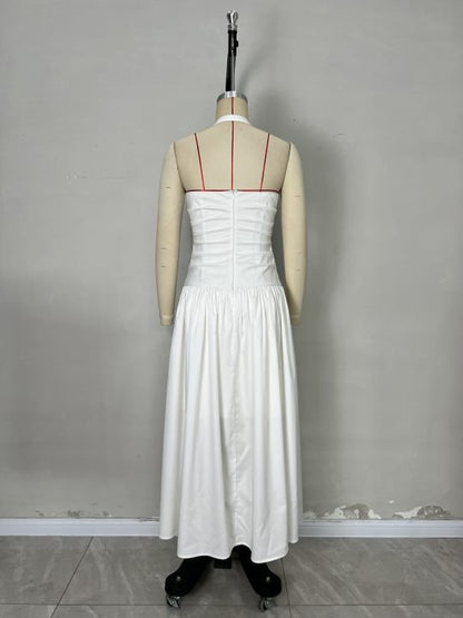 Solid A-Line Maxi Dress with Halterneck and Backless Design