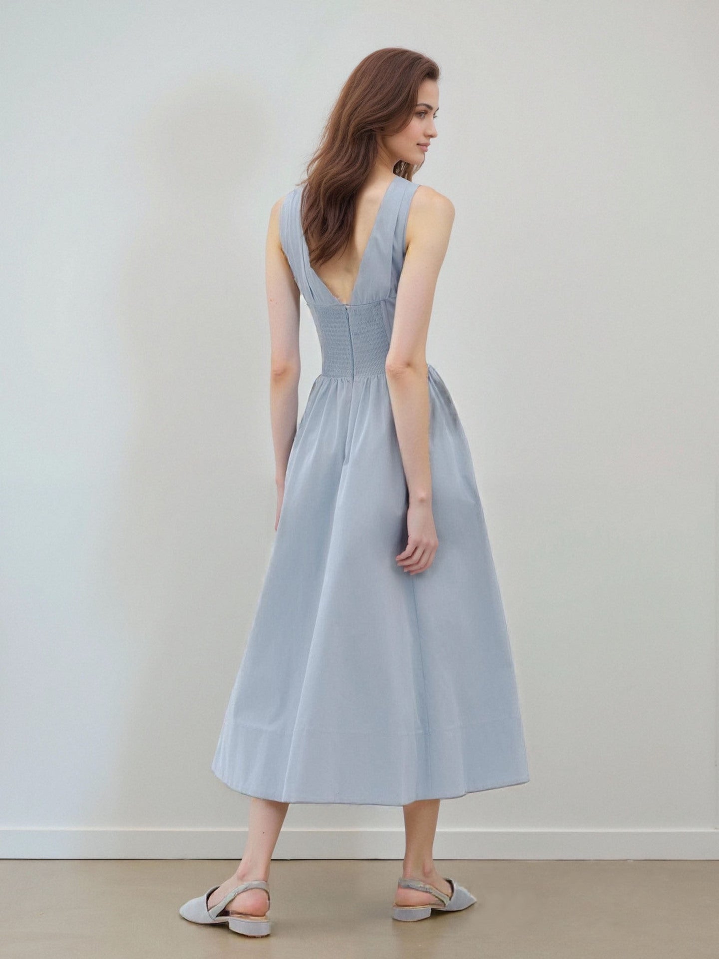 A-Line Midi Dress with V-Neck and Lace-Up Bodice