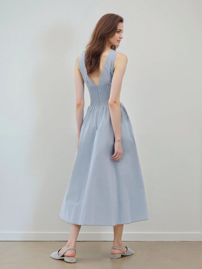 A-Line Midi Dress with V-Neck and Lace-Up Bodice