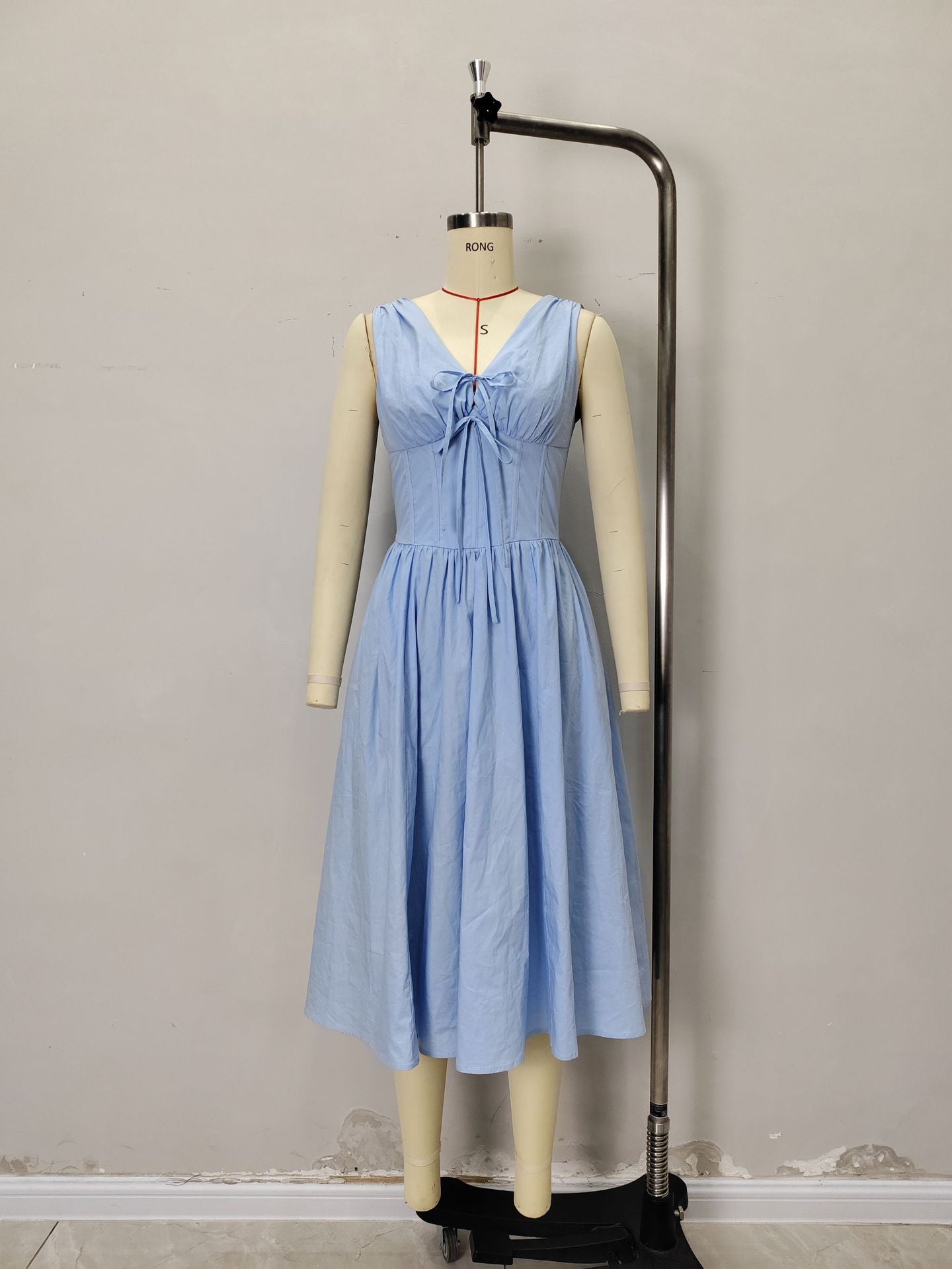 A-Line Midi Dress with V-Neck and Lace-Up Bodice