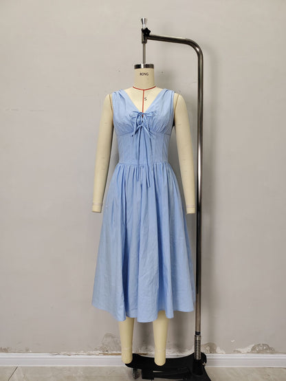 A-Line Midi Dress with V-Neck and Lace-Up Bodice