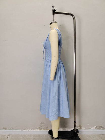 A-Line Midi Dress with V-Neck and Lace-Up Bodice