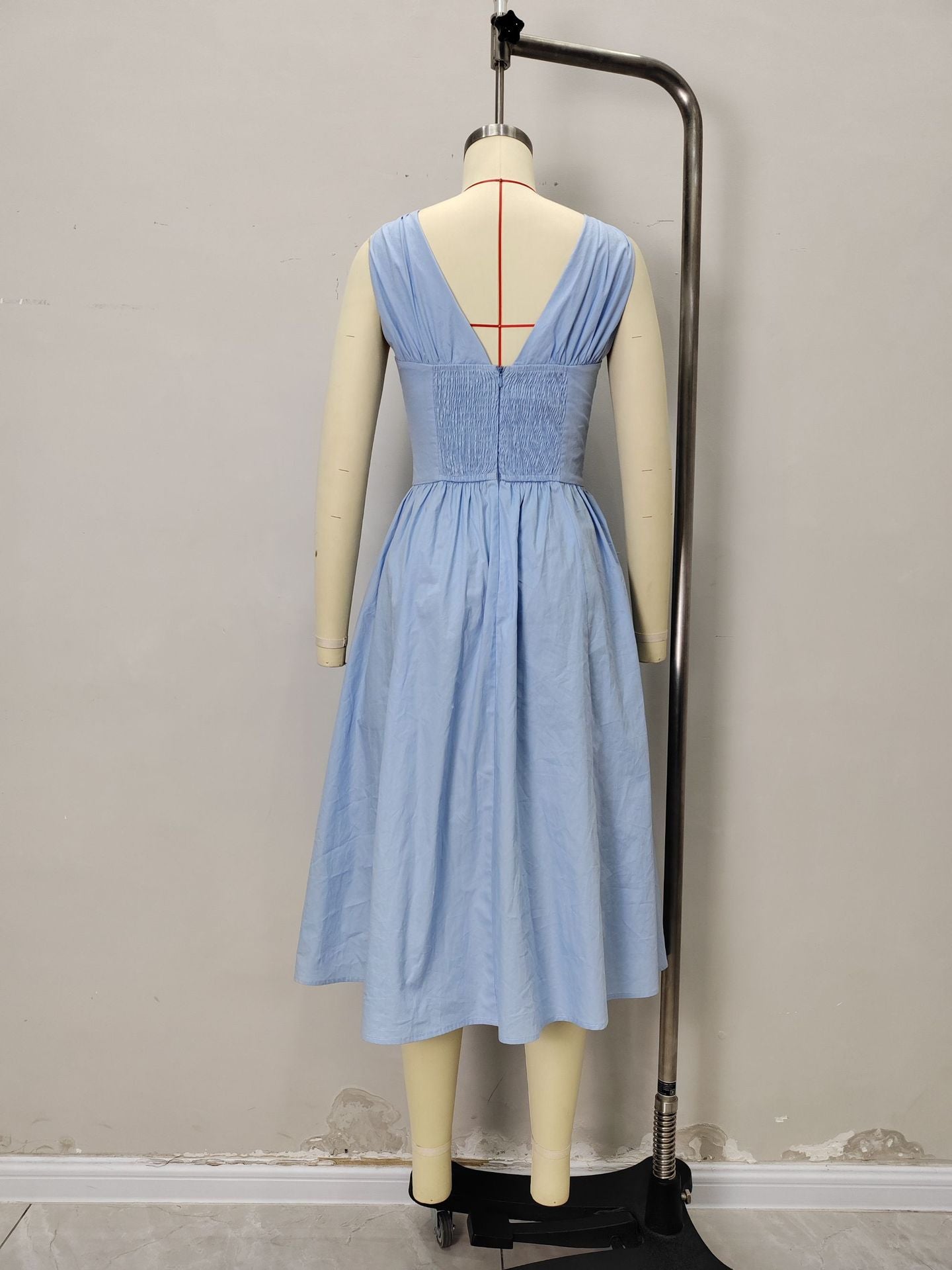 A-Line Midi Dress with V-Neck and Lace-Up Bodice