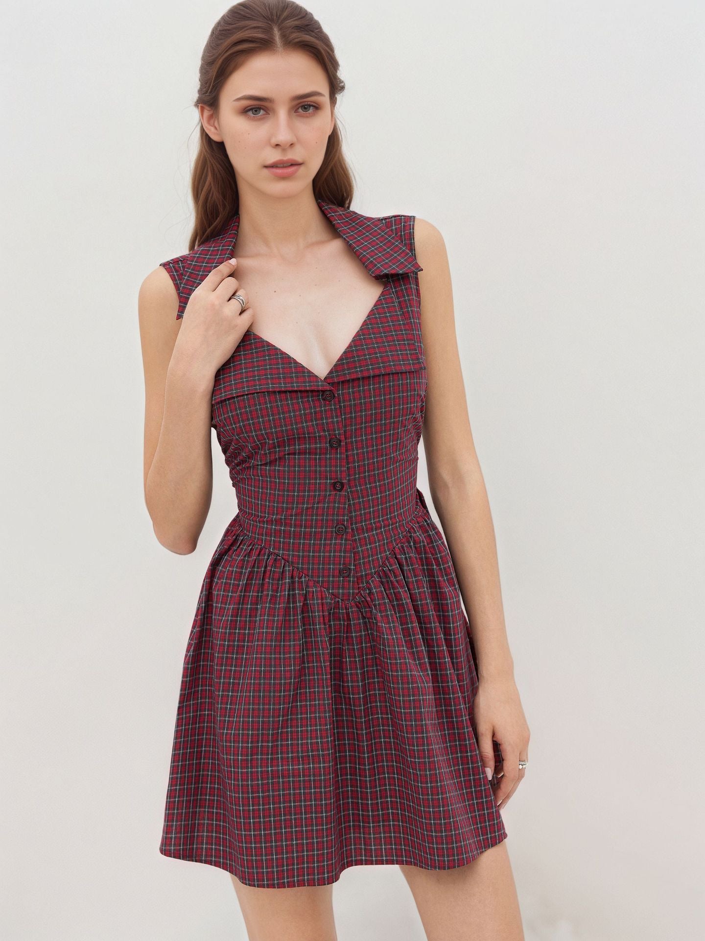 Red Plaid A-Line Mini Dress with Spread Collar