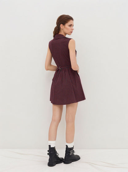 Red Plaid A-Line Mini Dress with Spread Collar