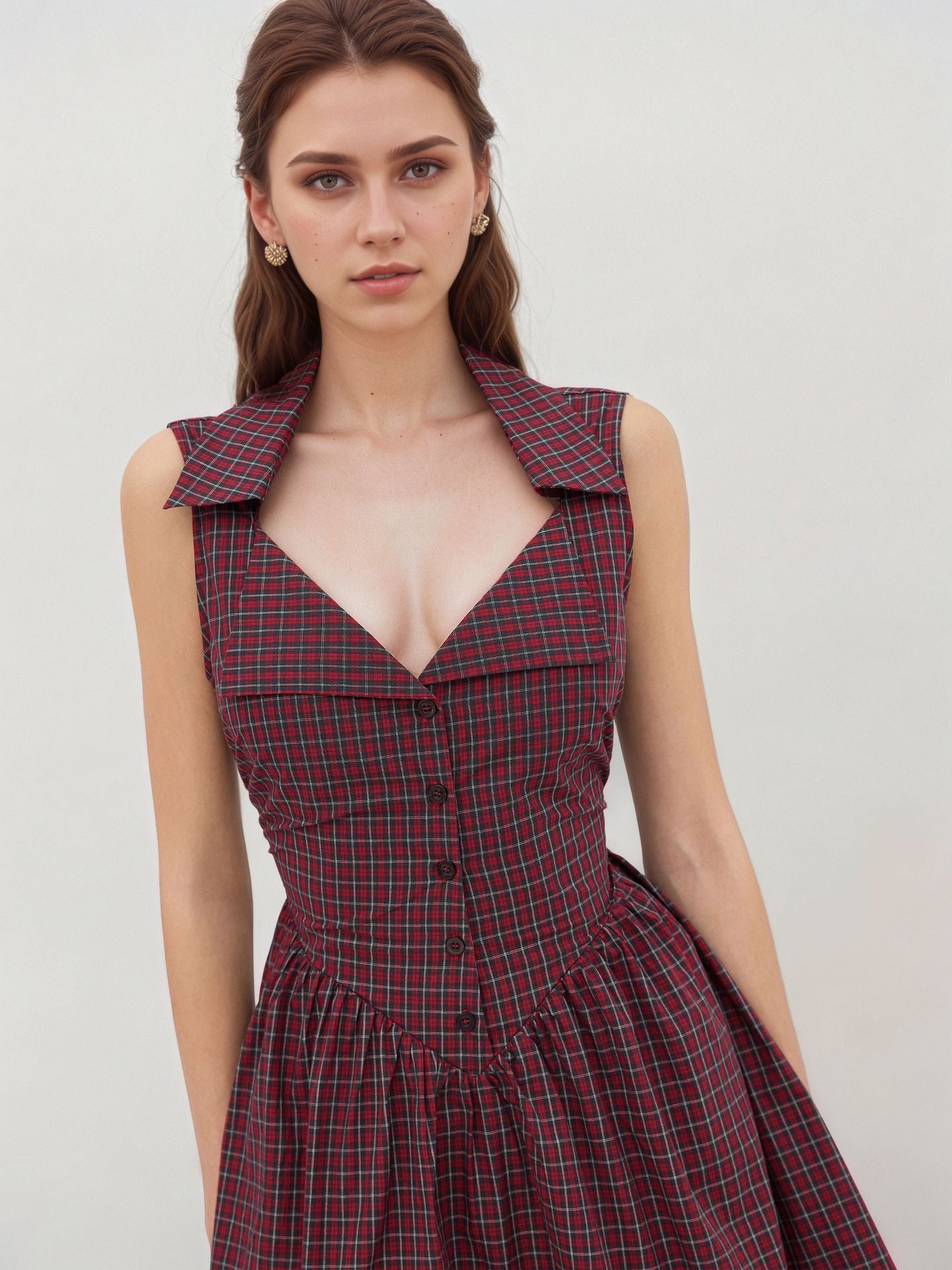 Red Plaid A-Line Mini Dress with Spread Collar