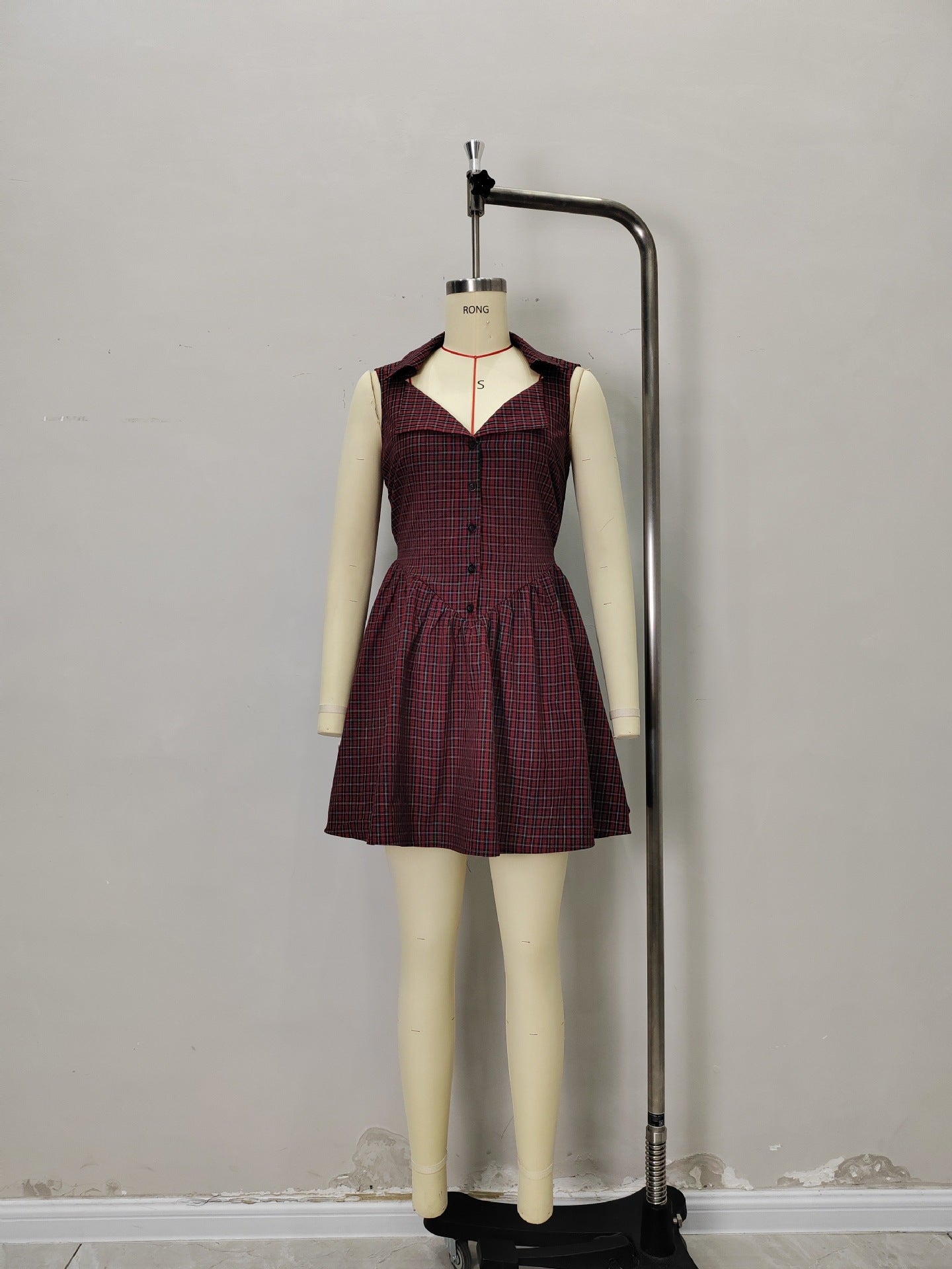 Red Plaid A-Line Mini Dress with Spread Collar