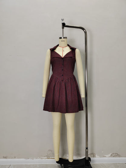 Red Plaid A-Line Mini Dress with Spread Collar