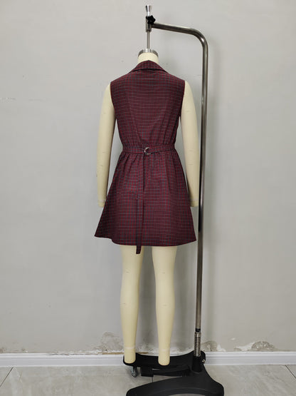 Red Plaid A-Line Mini Dress with Spread Collar