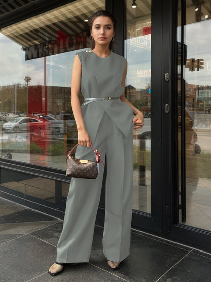 Solid Color Two-Piece Set with Sleeveless Top and Wide-Leg Trousers