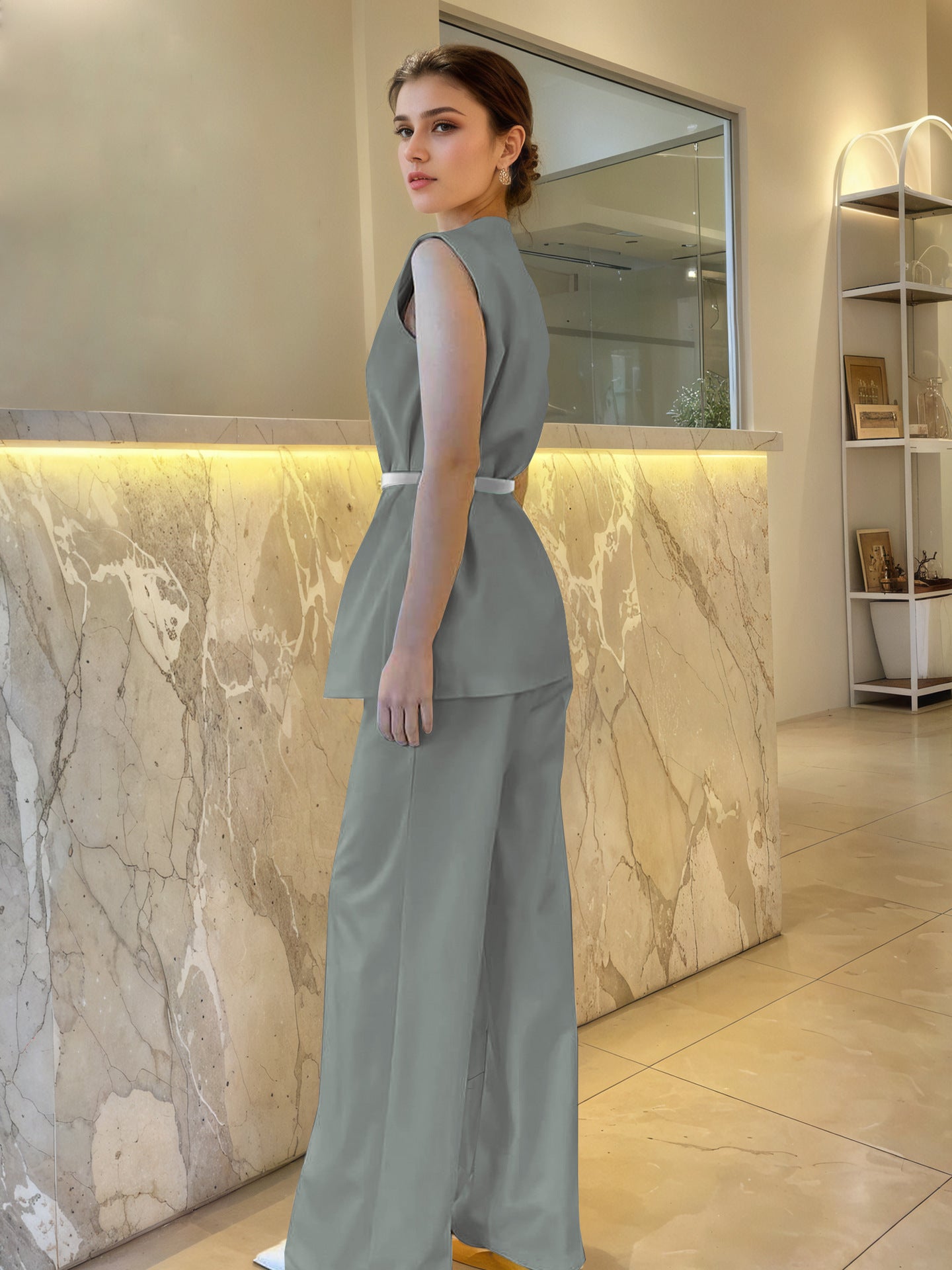 Solid Color Two-Piece Set with Sleeveless Top and Wide-Leg Trousers