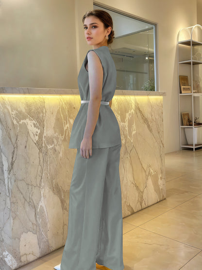 Solid Color Two-Piece Set with Sleeveless Top and Wide-Leg Trousers