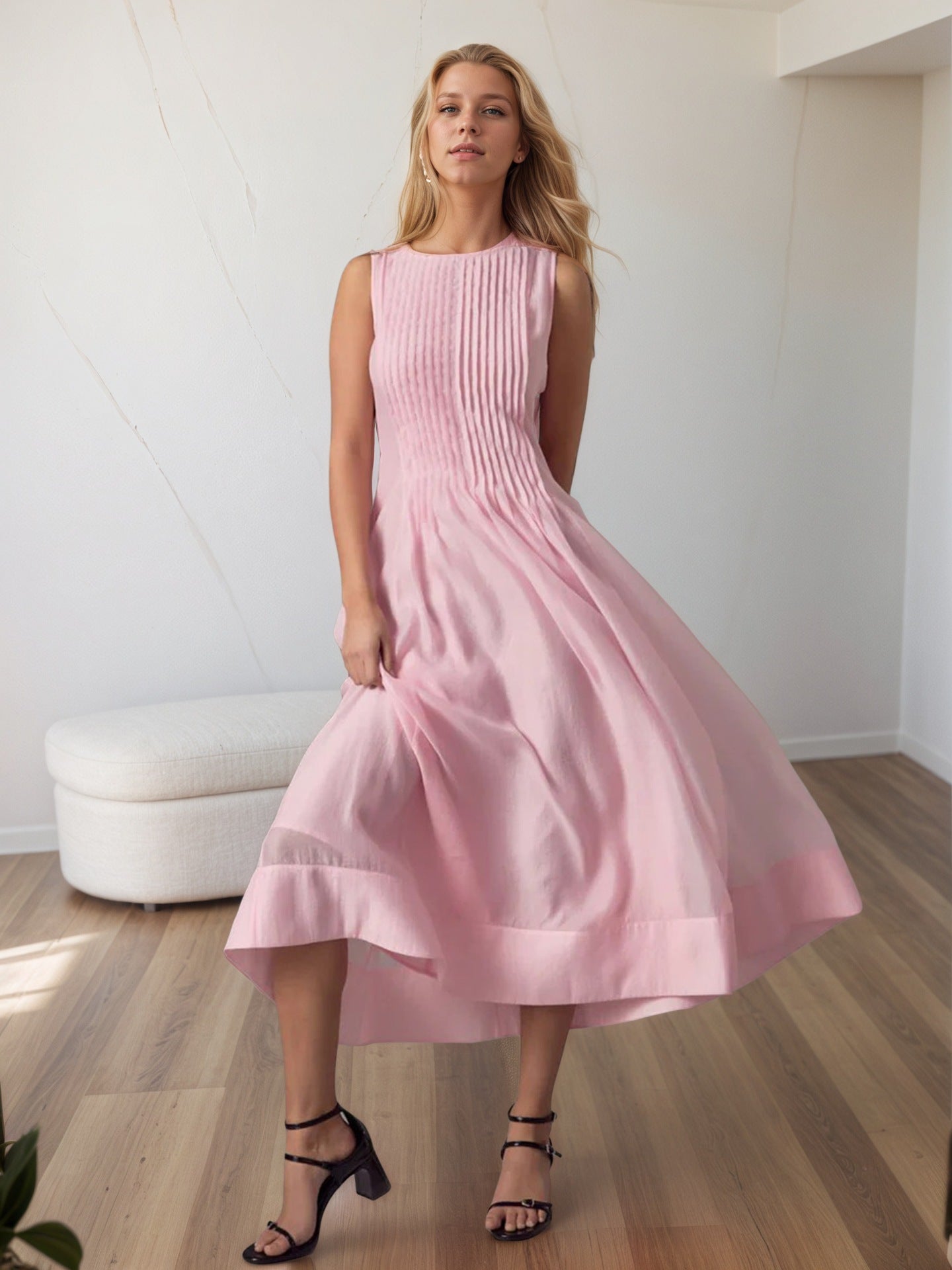 Sleeveless A-Line Midi Dress with Pleated Bodice